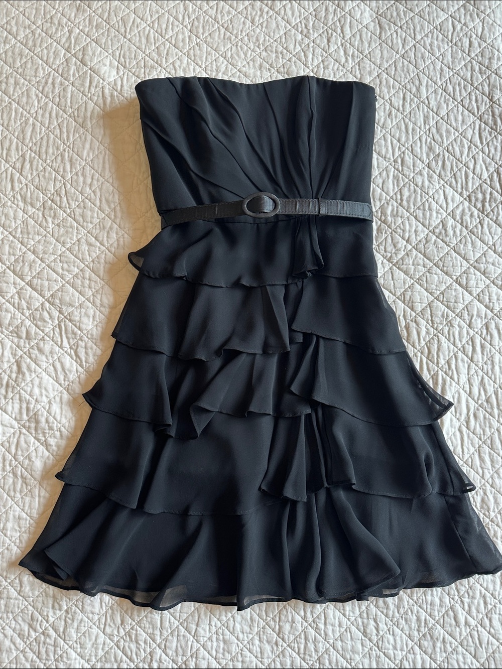 White House Black Market Strapless Black Ruffle Tiered Dress with Belt
